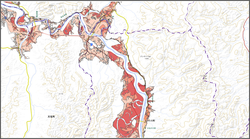 洪水浸水想定区域データ（浸水深レベル毎色分け）